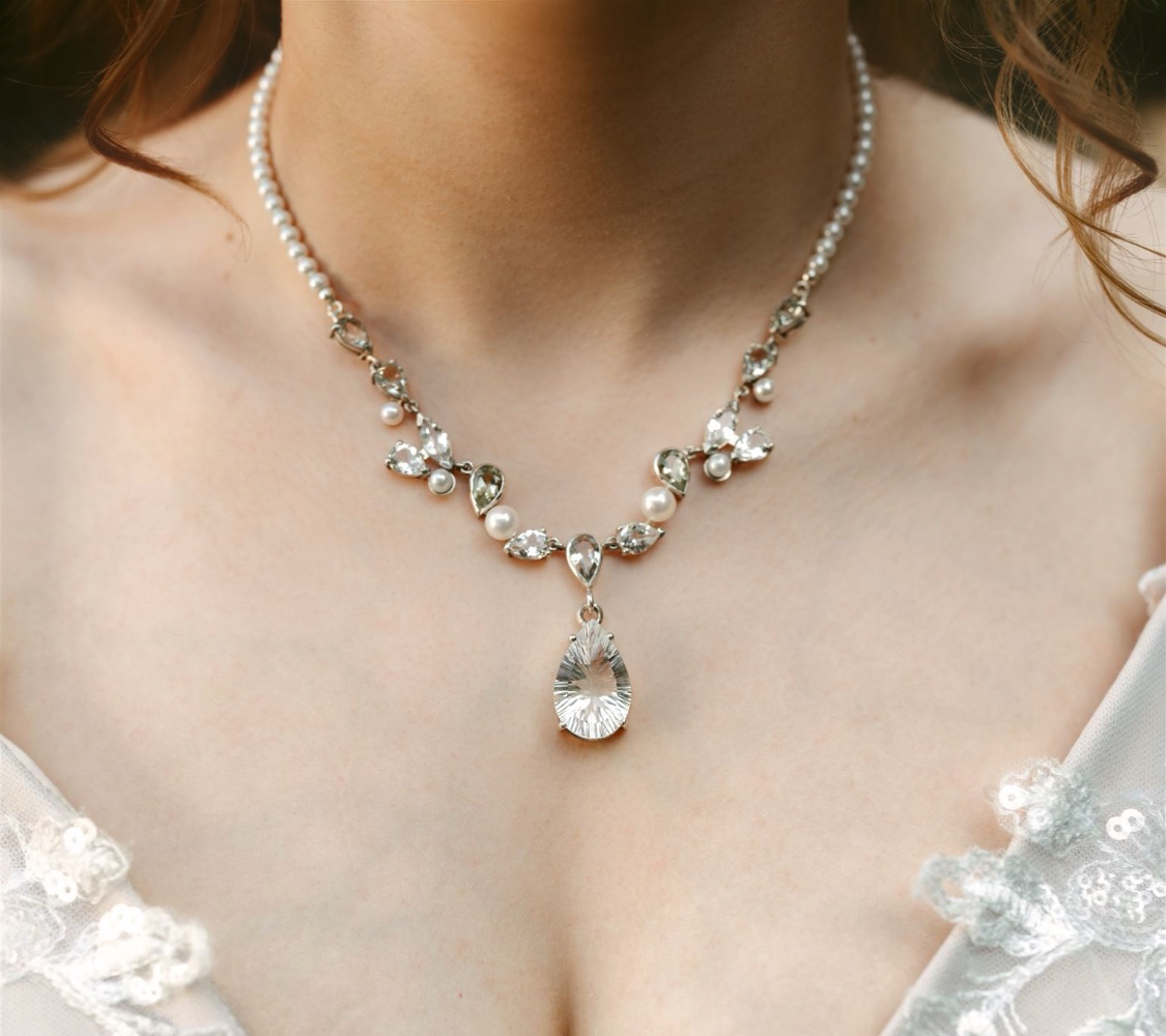 Collier Perlen, Bergkristall und Prasiolith